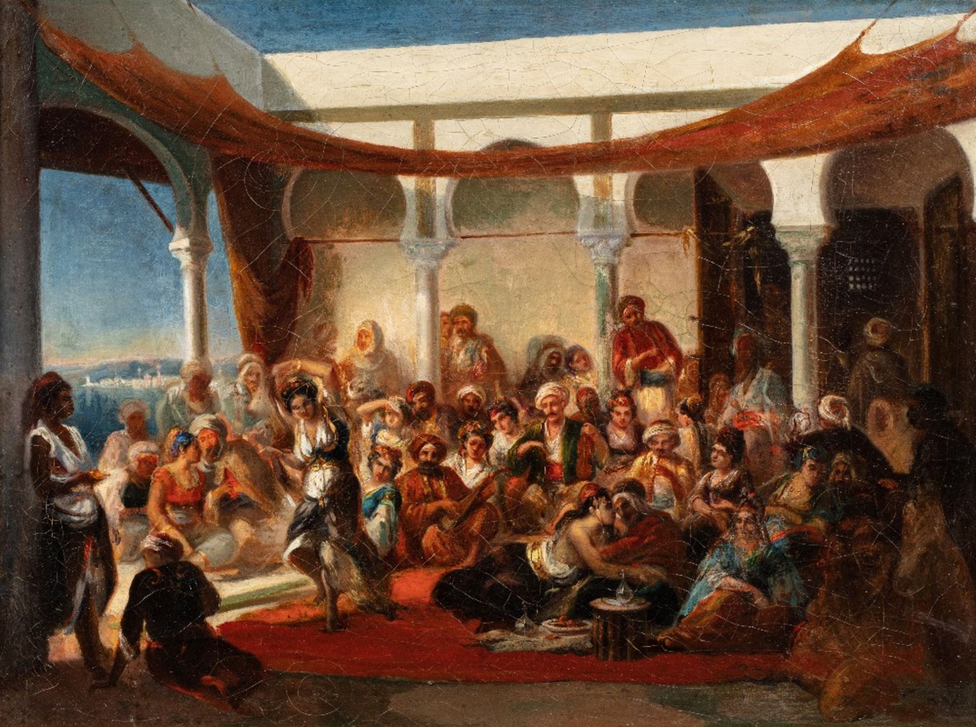 Alfred DEHODENCQ (Paris 1822-1882)Danseuse et favoritesHuile sur toile 40,5 x 54 cm Porte au dos sur