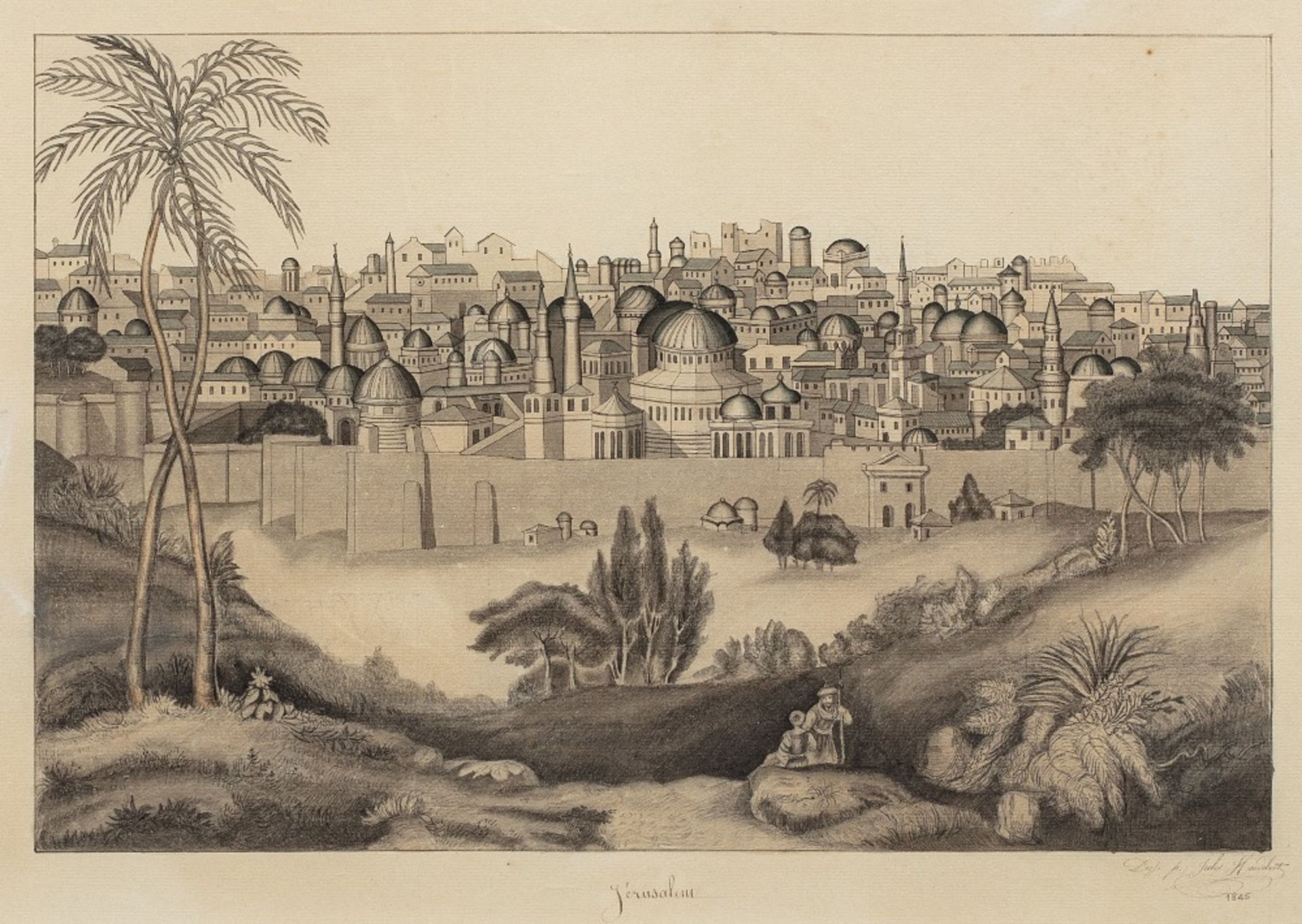 Jules HEUDEBERT (Actif au XIX ème siècle)Vue de JérusalemTrait de plume, encre et lavis d'encre 33 x