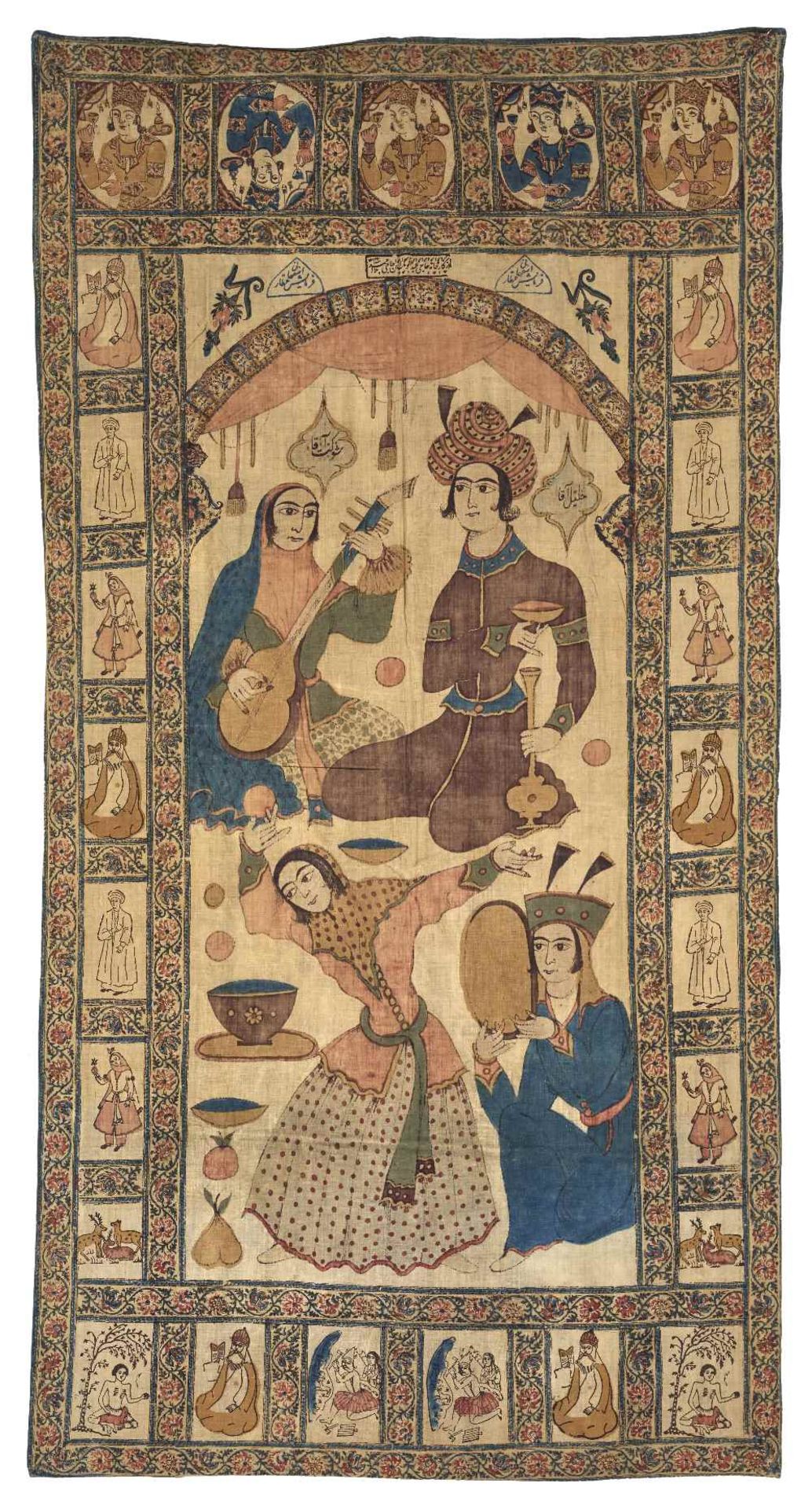 Kalamkar figuratifIran, dat" 1213 (=1834)Tenture en coton à décor polychrome peint à la main, de
