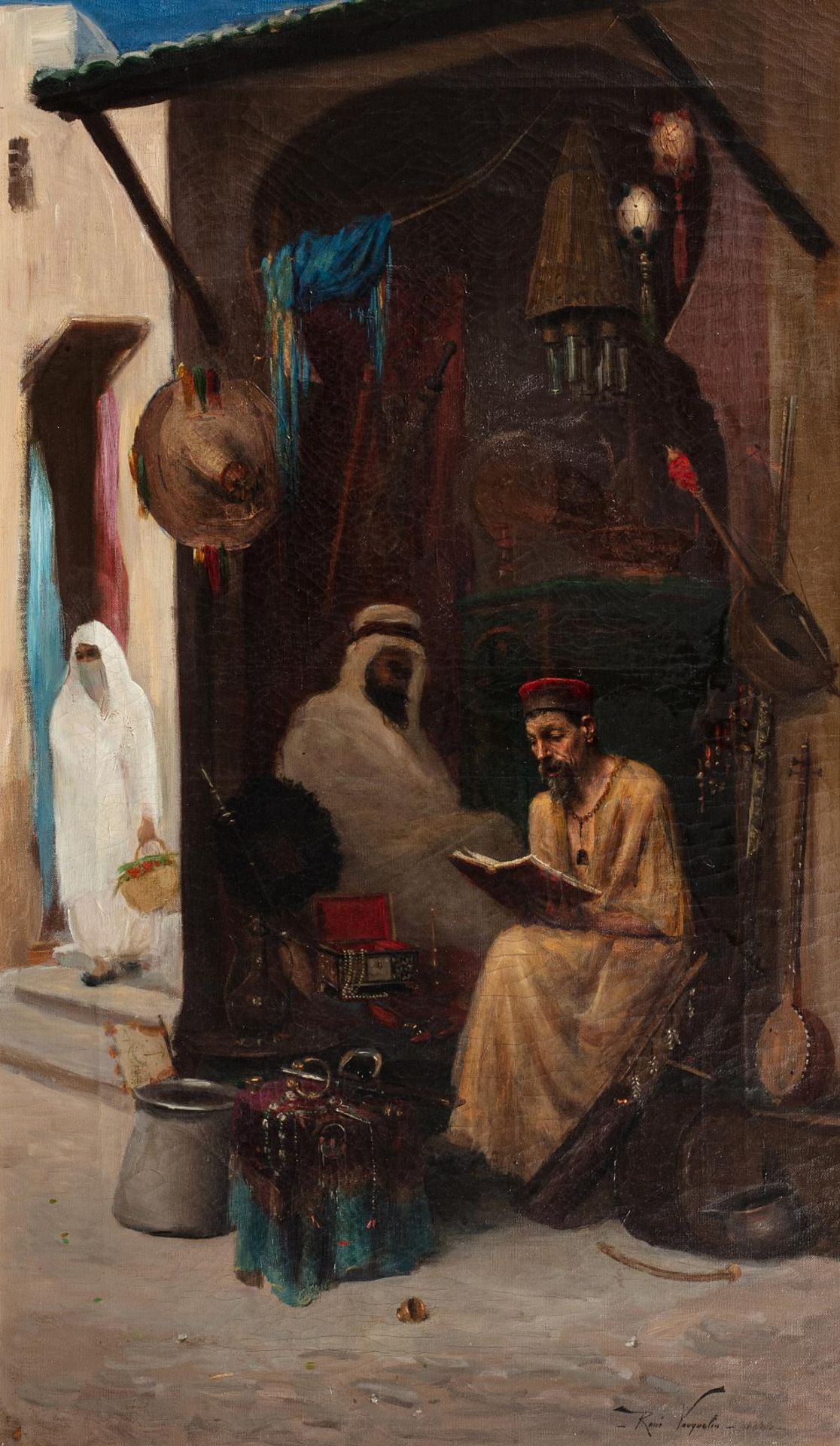 René VAUQUELIN (1859-1941)Marchand de bijoux et d'objets dans la casbah d'AlgerHuile sur toile d'