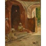F. L MADRAZO (Actif au XIX ème siècle)Hommes assis devant la mosquée, IndeHuile sur toile d'