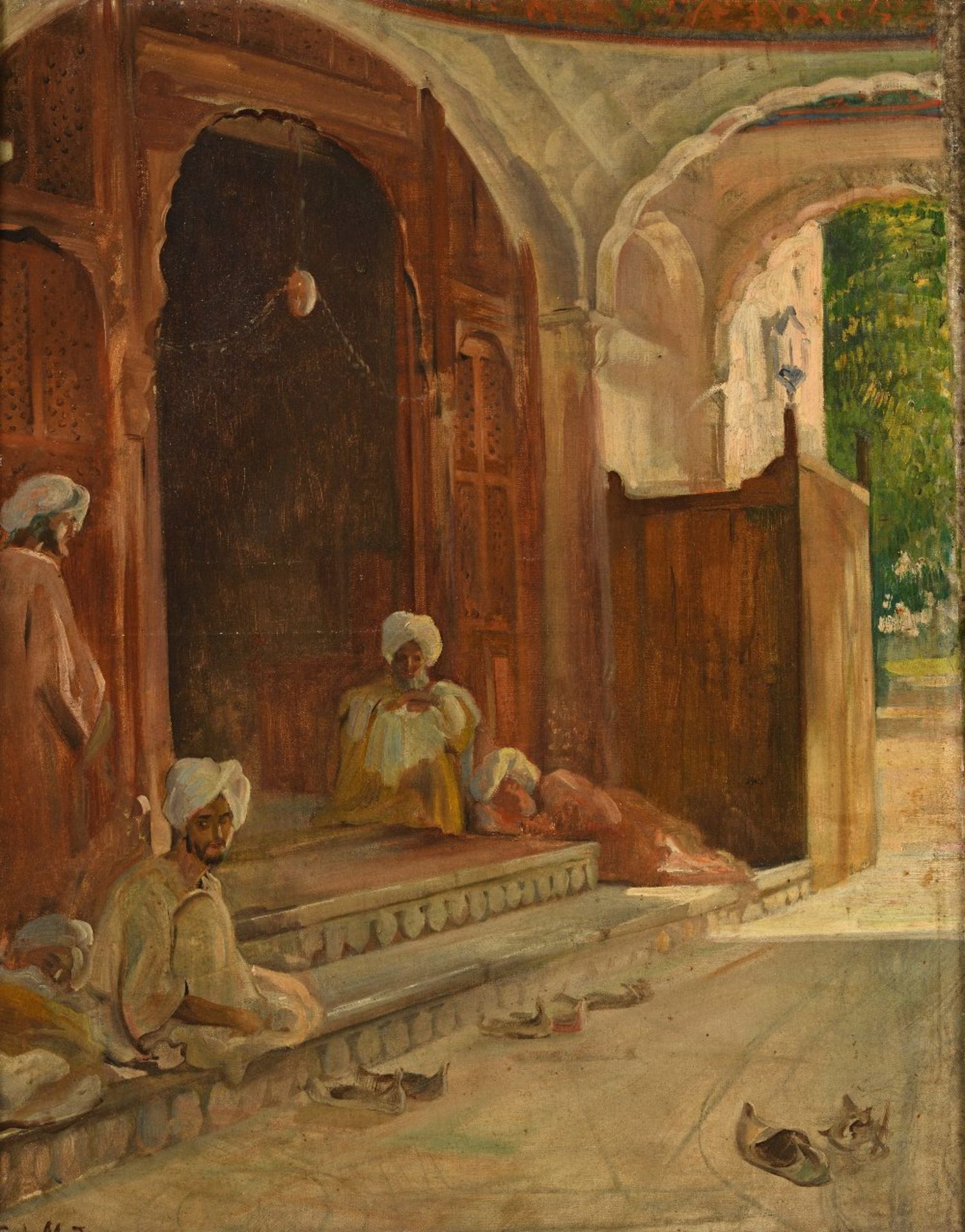 F. L MADRAZO (Actif au XIX ème siècle)Hommes assis devant la mosquée, IndeHuile sur toile d'