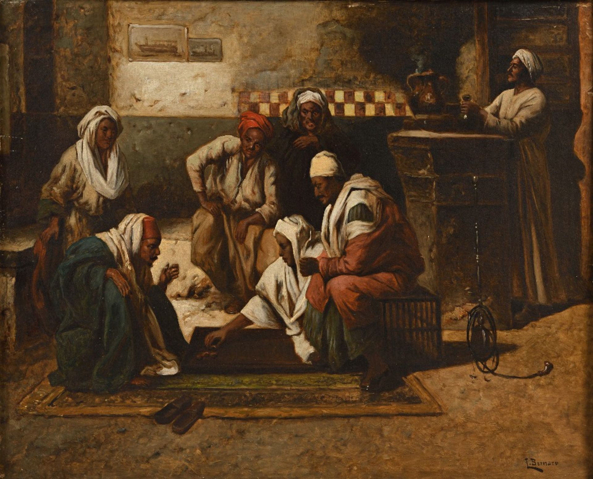 L. BERNARD (Actif au XIX ème siècle)Café orientalHuile sur toile d'origine 55 x 66,5cm Signé en