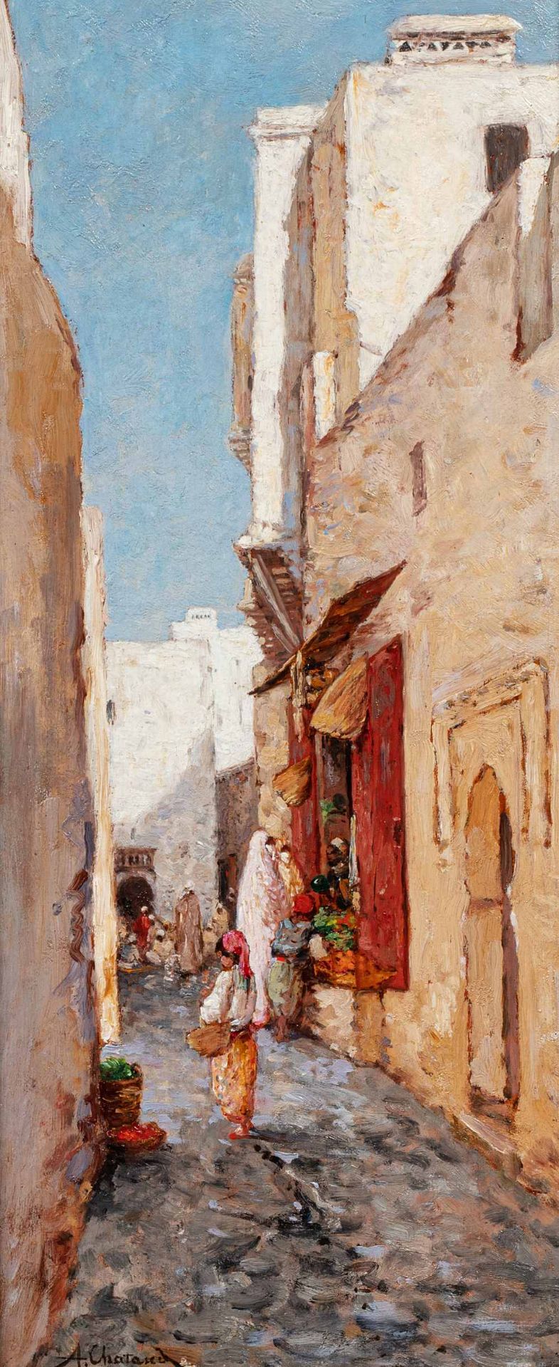 Alfred CHATAUD (Marseille 1833 - Alger 1908)La rue du PalmierHuile sur panneau, une planche non