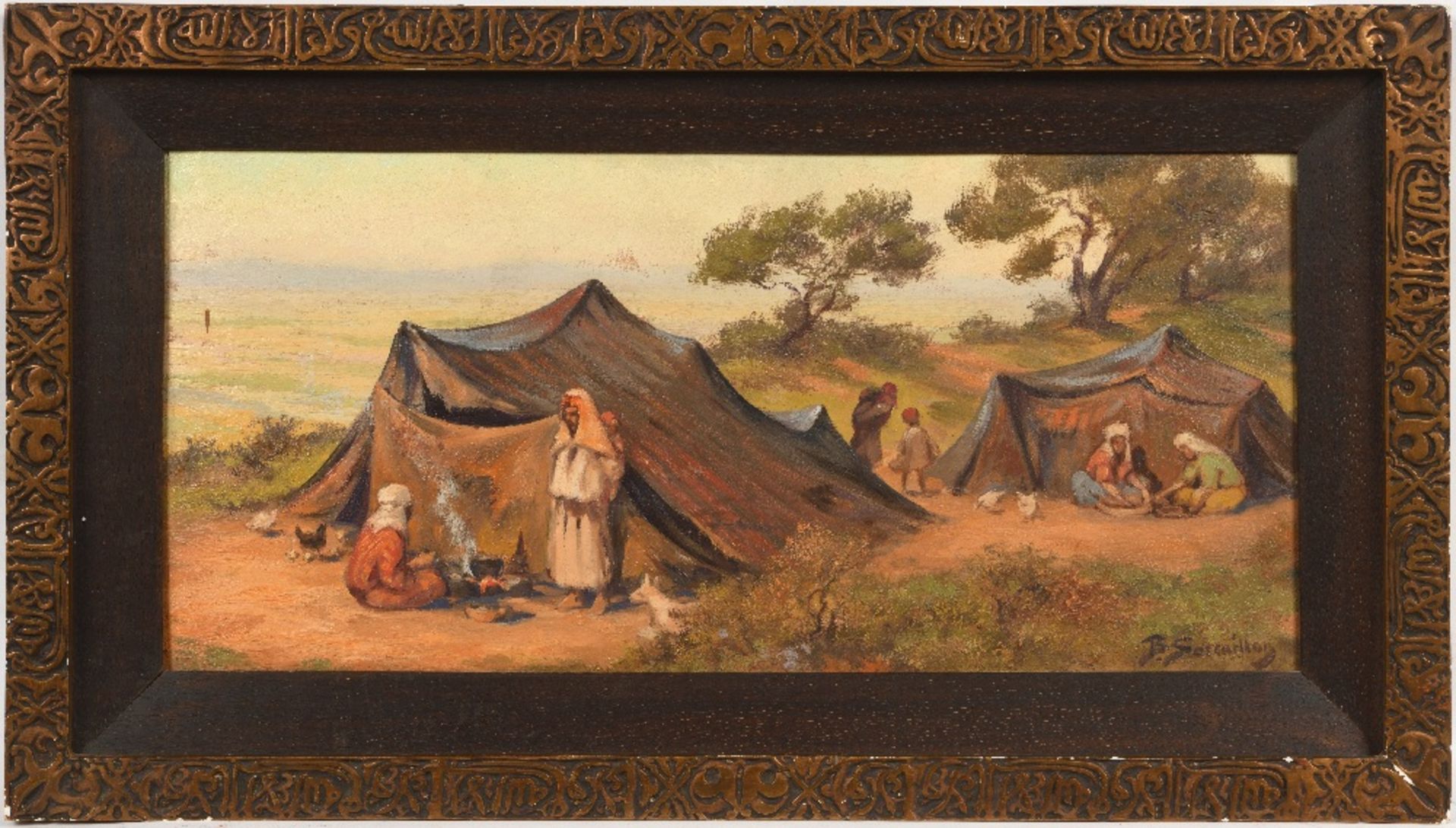 Benjamin SARAILLON (Lyon 1902- Aubagne 1989)Bédoins devant leurs tentesHuile sur carton 23 x 48 cm - Bild 2 aus 3