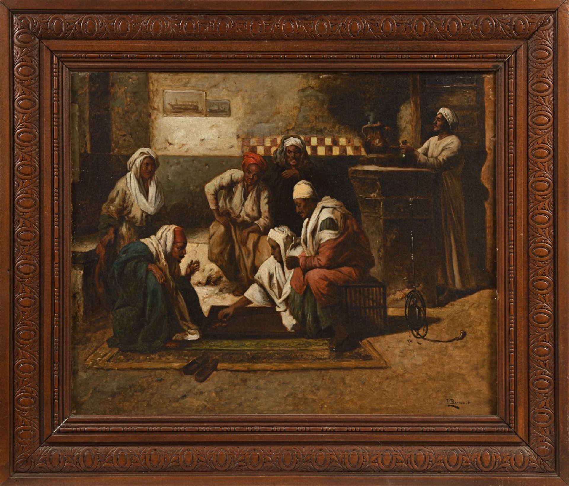 L. BERNARD (Actif au XIX ème siècle)Café orientalHuile sur toile d'origine 55 x 66,5cm Signé en - Bild 2 aus 3