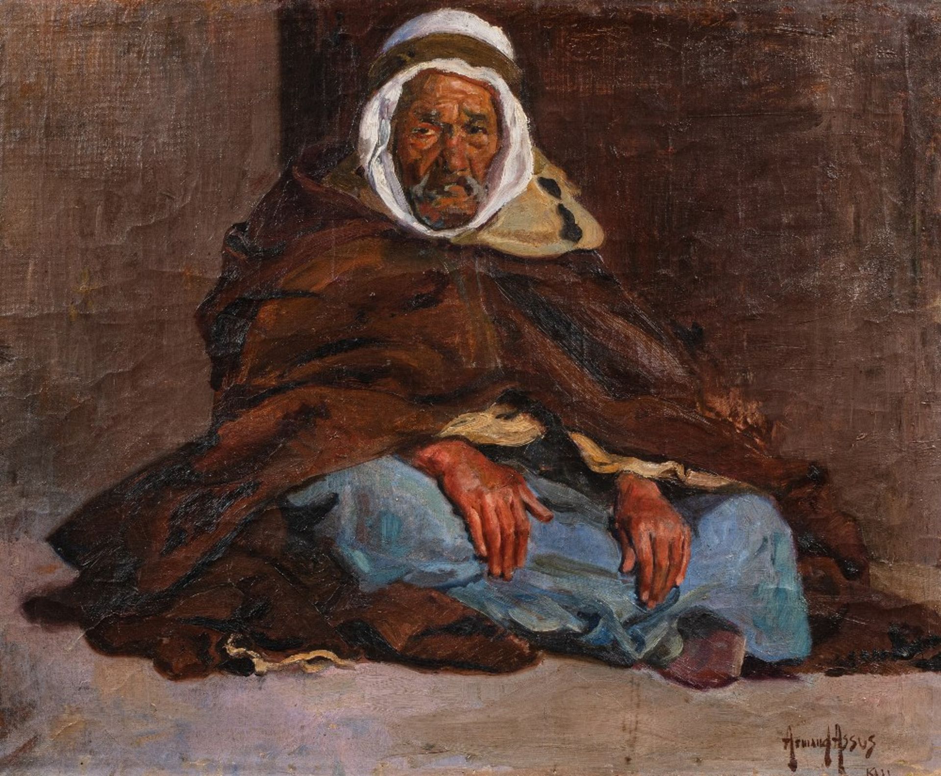 Armand ASSUS (Alger 1832- Cagnes 1977)L'homme au burnousHuile sur toile d'origine 60 x 73 cm Signé