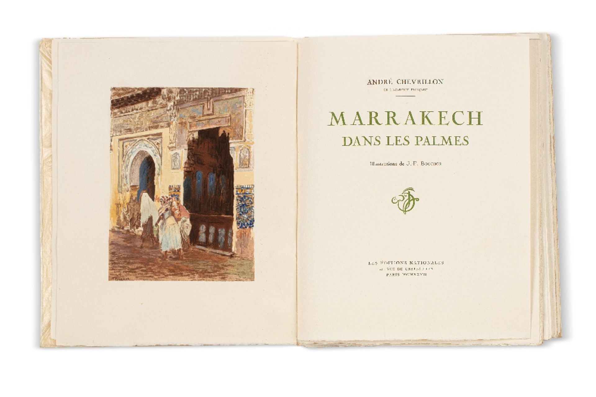 CHEVRILLON (André)Marrakech dans les palmesIllustrations de J.-F. BOUCHOR. Paris, Éditions