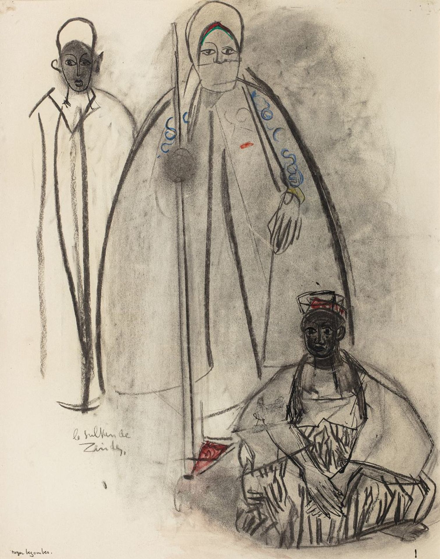 Roger BEZOMBES (Paris 1913-1994)Le sultan de ZinderFusain rehaussé d'aquarelle A vue 63,5 x 50 cm