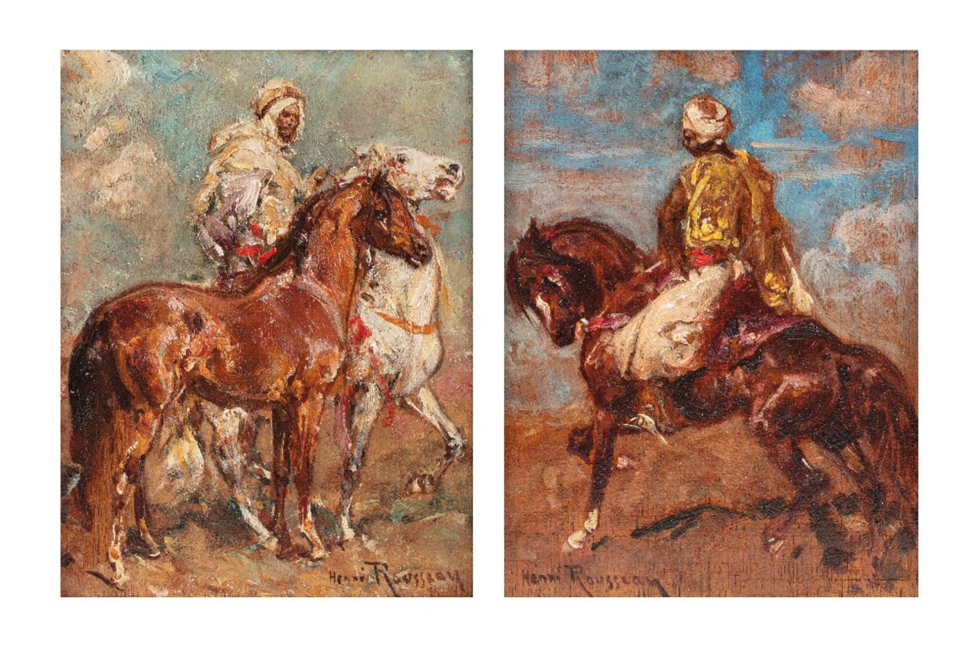 Henri ROUSSEAU (Le Caire 1875 - Aix en Provence 1933)Cavalier et cavalier au cheval blancDeux huiles