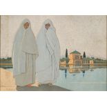 Marguerite BARRIERE-PREVOST (Sauveterre 1887-?1981)Deux femmes devant la Menara, MarrakechGouache 20