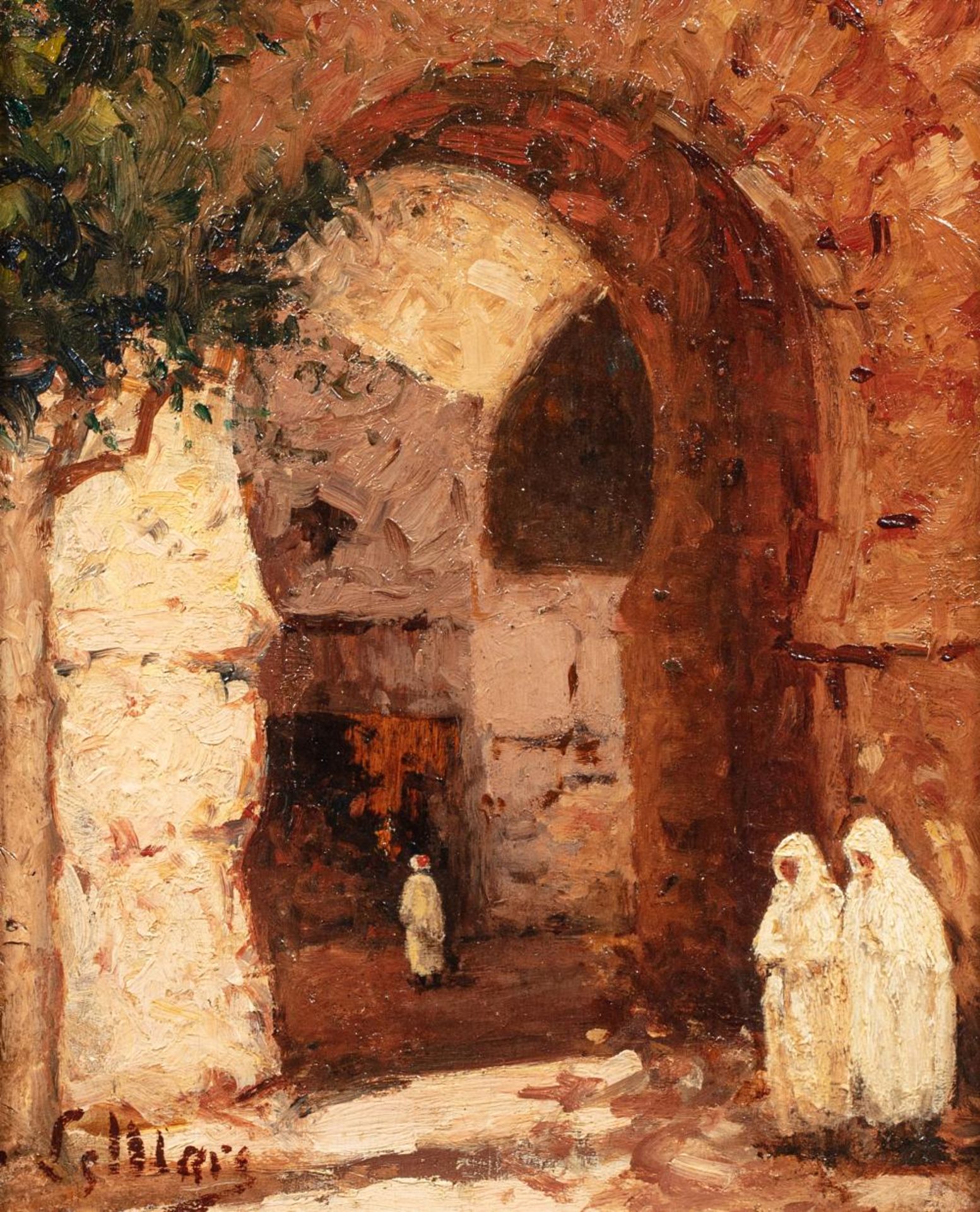 Georges LEMARE (Coutances 1866-1942)Entrée du souk, TunisHuile sur panneau une planche non