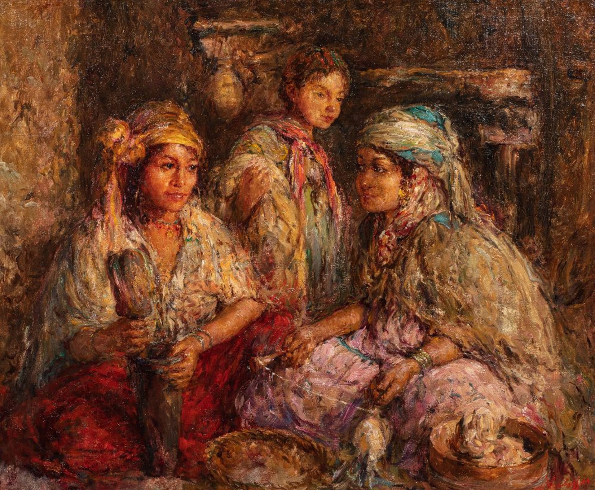 Edouard VERSCHAFFELT (Gand 1874 - Bou Saâda 1955)Les jeunes fileusesHuile sur toile 73 x 90 cm Signé