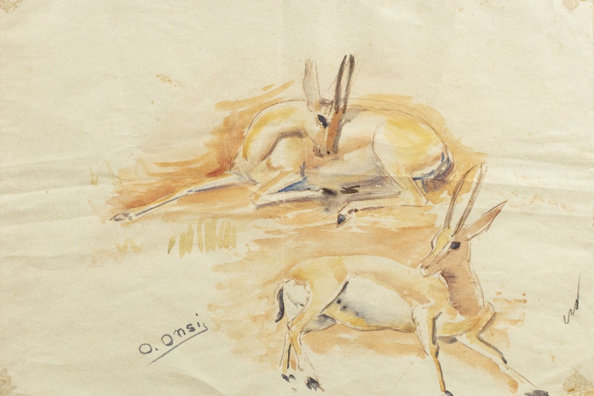 Omar ONSI (Tallet Al-Khayat 1901 - Beyrouth 1969)Les GazellesAquarelle sur papier 33 x 48 cm Signé