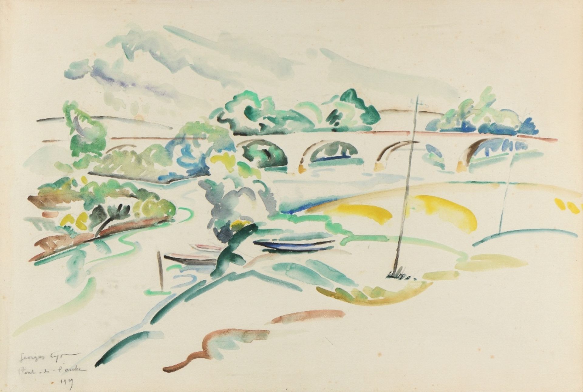 Georges CYR (Montgeron 1880 - Beyrouth 1964)Pont de l'Arche, 1929Aquarelle sur papier 34,5 x 52 cm