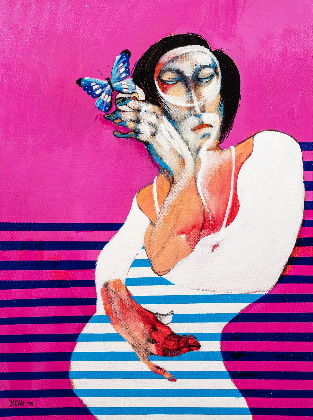 Saad YAGAN (Alep 1950)A woman and a butterly, 2017Acrylique sur toile 80 x 60 cm Signé en bas à