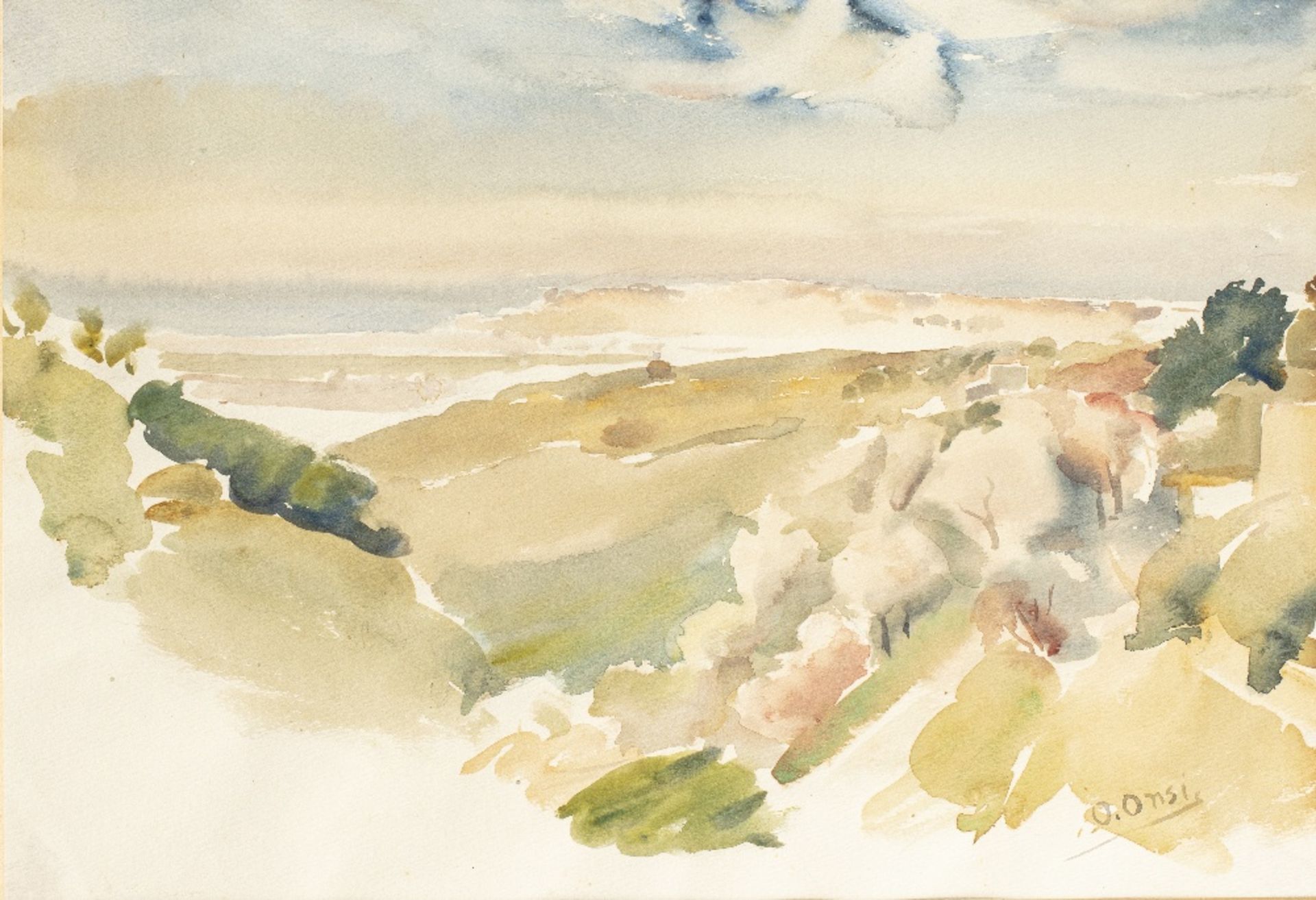 Omar ONSI (Tallet Al-Khayat 1901 - Beyrouth 1969)Vue de Deir KoubelVue de Deir Koubel Aquarelle