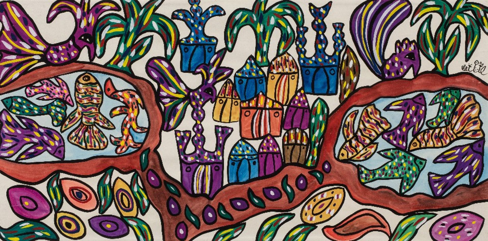 Fatma BAYA (Bordj el Kiffan 1931- Blida 1998)Oasis Gouache sur papier 48 x 97 cm Signé en arabe et