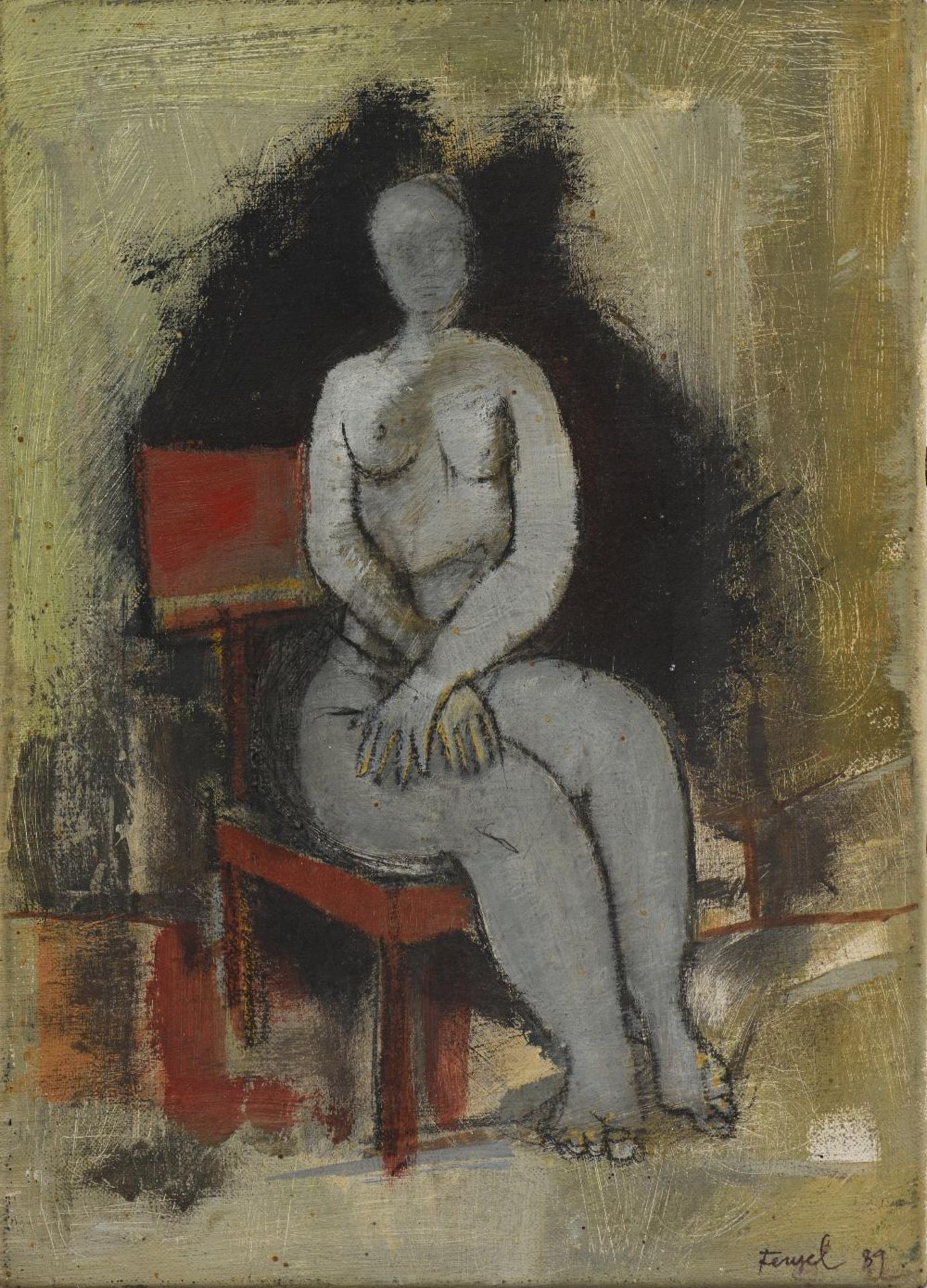 Fériel LAKHDAR (Tunis 1965)Sans Titre, 1989Femme assise Huile sur toile 22x16cm Signé et daté en bas