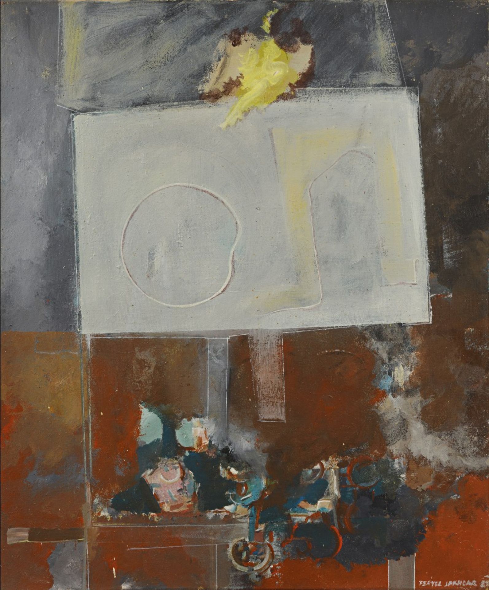 Fériel LAKHDAR (Tunis 1965)Atelier d'artisteHuile sur toile 64,5x54 cm Signé et daté en bas à droite