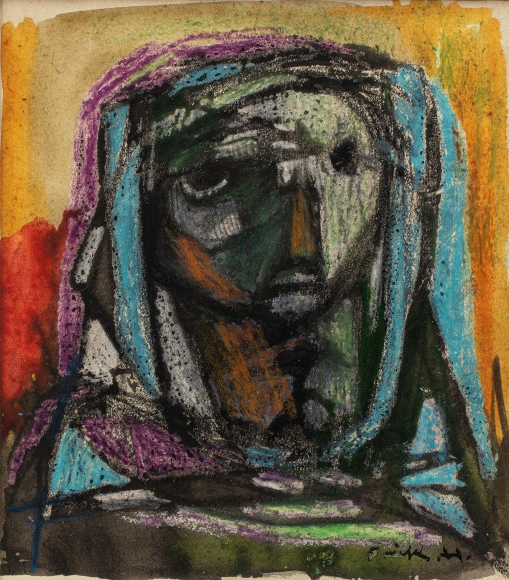 Faik HASSAN (Bagdad 1914–1992)Femme au voile bleu, circa 1950Technique mixte sur papier 15, 5 x 13