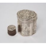 A 19th Century Continental silver Cashew Box of shaped oval form embossed figures, etc, and a silver