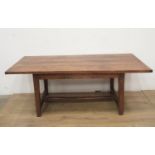 An oak Refectory Table with cleated top on squared supports and stretchers, 6ft 4in L x 2ft 11in W