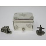 A Chinese white metal Box and Cover with honeycomb design and ring handles, 2 1/4in, a Continental