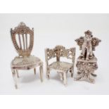 A Victorian Continental silver miniature shield back Chair. Import mark London 1892, another Chair