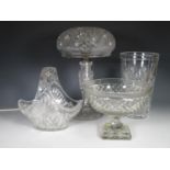 A cut glass Table Lamp with domed shade, cut glass Basket Dish, tall tapering Vase, and a Pedestal