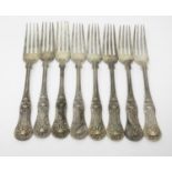Eight George V silver Forks, Queen's pattern, single struck, engraved crests, Goldsmiths &