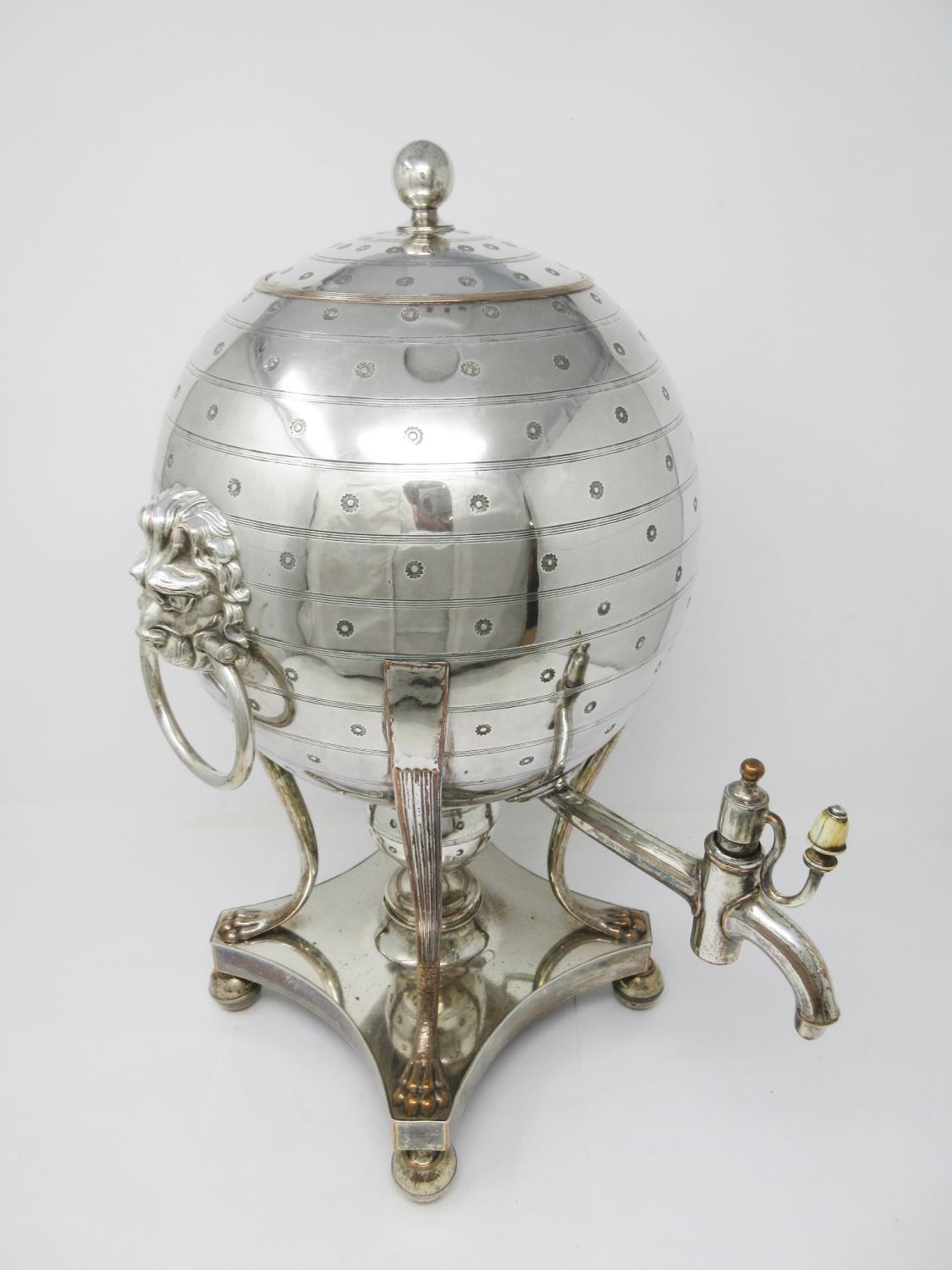 A Regency Sheffield plated Samovar with reeded and flower head decoration, lion mask and ring handle - Image 2 of 2