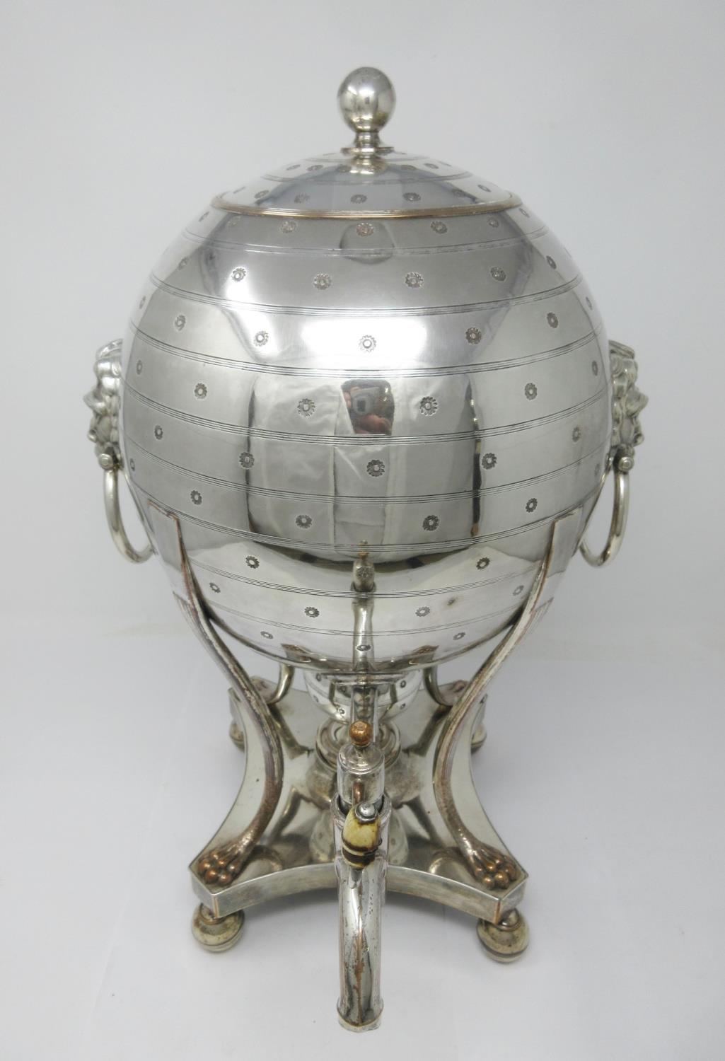 A Regency Sheffield plated Samovar with reeded and flower head decoration, lion mask and ring handle