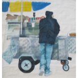 ROBERT SCHMID. (Contemporary). The Hot Dog Seller, oil on canvas, unframed, unstretched, 90 x 84 1/