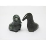 Two Inuit carved stone Sculptures of birds, one with Eskimo Art label to base, 3 1/2in and 3in H