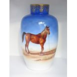 A large porcelain Vase painted Stallion, 18 in, with case