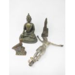An Oriental bronze seated Buddha, 7 1/2 in, white metal Crucifix, 9in, bronze Bird, 4in, and another