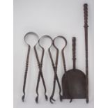 An Arts and Crafts Fire Companion Set by Archibald Carne including Poker, Shovel and three pairs