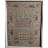 A Georgian silk on tabby Sampler embroidered alphabet, birds, animals, verse and a house within