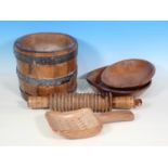 A 19th Century elm Cheese Mould, a dairy straining spoon, two small sycamore Dairy Bowls and a