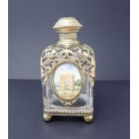 A 19th Century 'Grand Tour' Scent Bottle the square section glass bottle with engraved gilt metal
