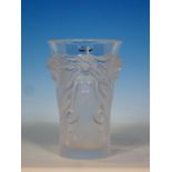 A Lalique glass Vase with flared top, moulded naked female figures with flowing head dress, marked