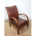 An oak framed Art Deco Armchair with brown leather upholstery 2ft 11in H x 2ft W