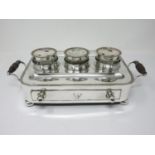 A large 19th Century Sheffield plated two handled Inkstand, fitted two inkwells, sealer and drawer