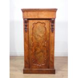 A Victorian burr walnut Side Cabinet with moulded top, single panelled door enclosing lined