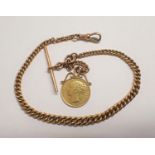 A 9ct gold graduated Watch Albert with Victorian shield back Sovereign 1886 Fob, approx 33gms all in