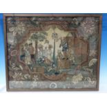 An 18th Century Needlework Panel with shape reserve of figures dancing, floral surround, framed