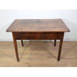 An antique oak Table with four plank cleated top and raised on squared supports, 3ft 9in L x 2ft 4in