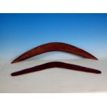 Two wooden Boomerangs, one with faint carving of a lizard, 24 & 20in (2)