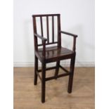 An 18th Century elm child's High Chair mounted upon square cut supports 3ft 1in H x 1ft 3in W